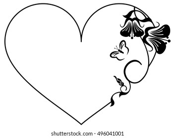 Heart-shaped silhouette frame with decorative flowers. Vector clip art.