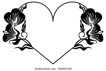 Heart-shaped silhouette frame with decorative flowers. Vector clip art.