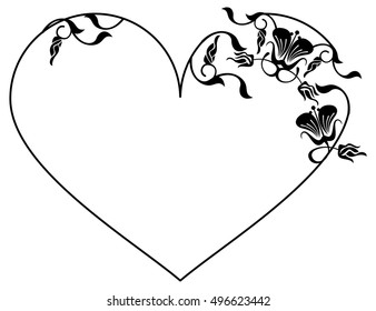 Heart-shaped silhouette frame with decorative flowers. Vector clip art.