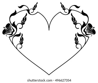 Heart-shaped silhouette frame with decorative flowers. Vector clip art.