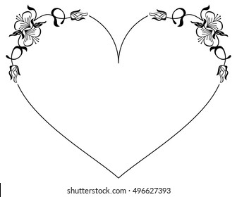 Heart-shaped silhouette frame with decorative flowers. Vector clip art.