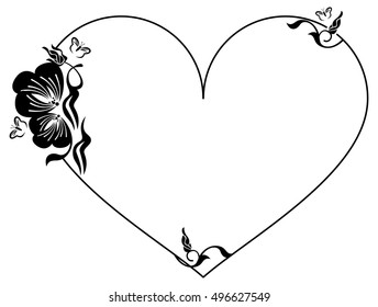 Heart-shaped silhouette frame with decorative flowers. Vector clip art.