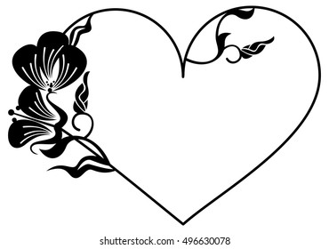 Heart-shaped silhouette frame with decorative flowers. Vector clip art.