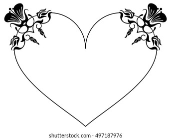 Heart-shaped silhouette frame with decorative flowers. Design element for advertisements, flyer, web, wedding and other invitations or greeting cards.Vector clip art.