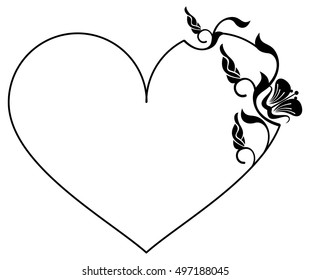 Heart-shaped silhouette frame with decorative flowers. Design element for advertisements, flyer, web, wedding and other invitations or greeting cards.Vector clip art.