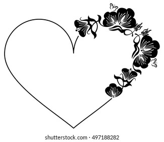 Heart-shaped silhouette frame with decorative flowers. Design element for advertisements, flyer, web, wedding and other invitations or greeting cards.Vector clip art.
