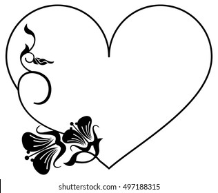 Heart-shaped silhouette frame with decorative flowers. Design element for advertisements, flyer, web, wedding and other invitations or greeting cards.Vector clip art.