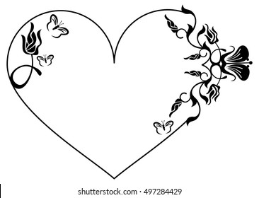 Heart-shaped silhouette frame with decorative flowers. Design element for advertisements, flyer, web, wedding and other invitations or greeting cards.Vector clip art.