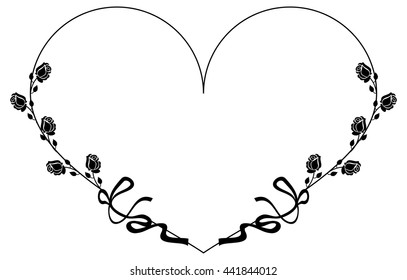 Heart-shaped silhouette frame with roses. Vector clip art.