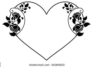 Heart-shaped silhouette frame with roses. Vector clip art.