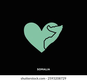 A heart-shaped Somalia map, showcasing national pride. Perfect for tourism, cultural, and history projects.