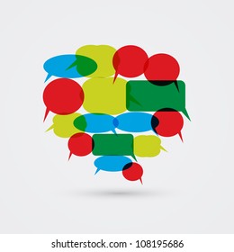 Heart-Shaped Speech Bubble Composition – Colorful Dialog Icons in Red, Green, Blue, and Yellow. A vibrant and creative illustration featuring a heart-shaped arrangement of colorful speech bubbles. The bubbles vary in shape—circular, rectangular, and oval—and are filled with solid red, green, blue, and yellow tones. This design symbolizes communication, dialogue, and social interaction in a visually engaging way. Ideal for use in editorial layouts, social media graphics, educational materials, and branding concepts related to connection, empathy, or community. Suitable for both commercial and editorial use across print and digital platforms.