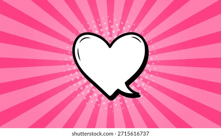 Una burbuja de discurso en forma de corazón en estilo cómico retro sobre un fondo rosa. Burbujas de discurso con semitonos y rayos radiales, o Elementos de diseño de dibujos animados, cómics. Ilustración vectorial.
