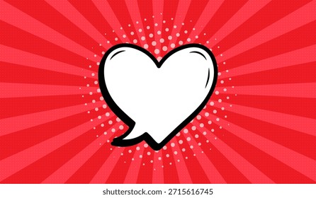 Una burbuja de discurso en forma de corazón en estilo cómico retro sobre un fondo rojo. Burbujas de discurso con semitonos y rayos radiales, o Elementos de diseño de dibujos animados, cómics. Ilustración vectorial.