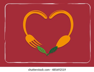Heart-shaped spoon and fork with greens. Editable Clip Art.