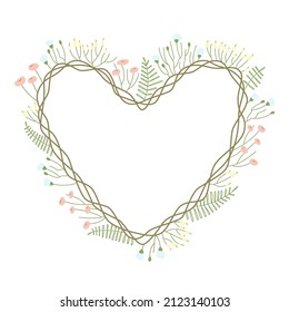 Heart-shaped spring floral card design. Delicate spring flowers and coarse weaving of twigs to decorate the postcard. Spring and summer seasons. Flat vector illustration.