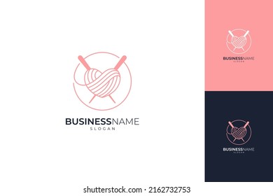 heart-shaped spun yarn logo and knitting needles, unique and creative line art style, suitable for fashion, clothes shops and convection companies, pink color on white background