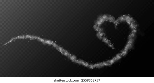 A heart-shaped star trail. Shimmering dust particles fly and leave behind a heart shaped trail. PNG. Bright particles glow with the special festive light of Christmas. Background for greeting card.