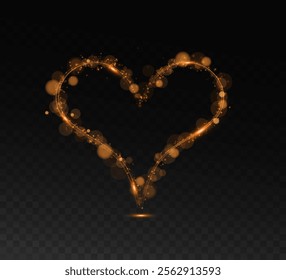 A heart-shaped star trail. Shimmering dust particles fly and leave behind a heart shaped trail.  Bright particles glow with the special festive light of Christmas. Background for greeting card.	