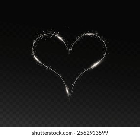 A heart-shaped star trail. Shimmering dust particles fly and leave behind a heart-shaped trail. Bright particles glow with the special festive light of Christmas. Background for greeting card.	