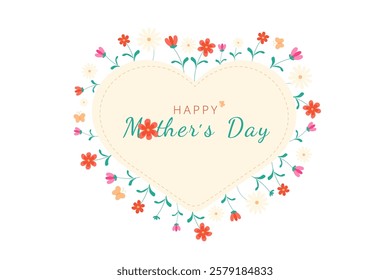 Heart-shaped sticker design with "Happy Mother's Day" text and small flowers, cute and festive decoration
