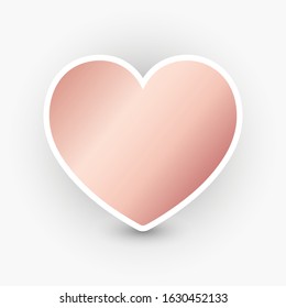 Heart-shaped sticker with gradient metallic fill and white outline. Pink gold label, love, like. Valentine card. Social media concept.