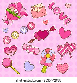 Heart-shaped sticker set. Valentine's Day, letter, flower, and love letter.  vector illustration