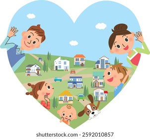 Heart-shaped streetscape and happy families