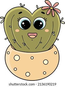 A heart-shaped succulent cactus with eyes smiles cheerfully. Plant. Flower. An extraordinary flower. A house plant. A heart-shaped flower. A prickly plant. Florist. Floral shop. Cactus vector. 