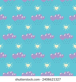 A heart-shaped sun and a cloud with rain with hearts on a blue background. Seamless pattern. 