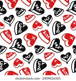 Heart-shaped tablets with a seamless pattern, Vitamins of Love background. The inscription kiss, love, sex. Cute flat doodle illustration for Valentine's day. Seamless texture for gift paper
