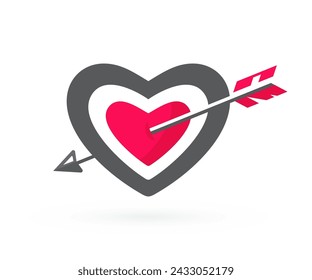 Heart-shaped target pierced with arrow. Lovestruck, vector symbol.