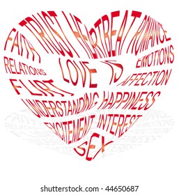 Heart-shaped text about what love is, vector illustration