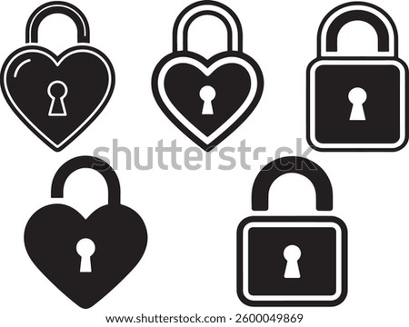 Heart-Shaped and Traditional Padlocks: A Vector Graphic Set for Design A vector graphic set showcasing various heart-shaped and traditional padlocks against a plain white background.
