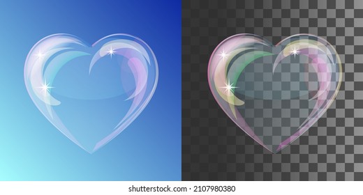 Heart-shaped Transparent Clean Realistic Soap Water Bubble. Vector Illustration