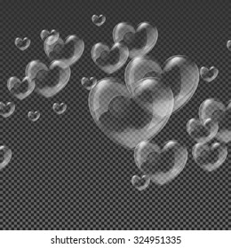 Heart-shaped transparent clean realistic soap water bubbles on abstract checker background vector illustration eps 10