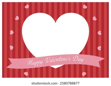 A heart-shaped transparent frame of pink hearts and gold ribbons on a red striped background