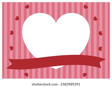 Heart-shaped transparent frame with red hearts and ribbons on a pink striped background