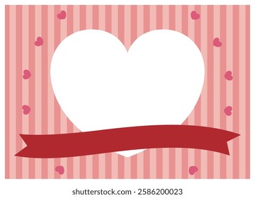 Heart-shaped transparent frame with red hearts and ribbons on a light pink striped background