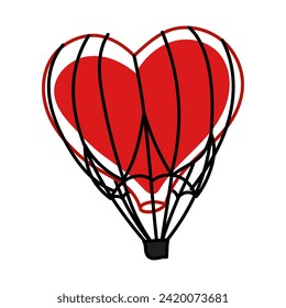 A heart-shaped travel balloon in red and black colors. An isolated doodle illustration. A balloon for balloons. Flying transport. A hand-drawn airship for lovers on Valentine's Day