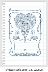 heart-shaped tree with papirus and frame on a sheet of paper
