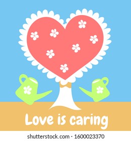 Heart-shaped tree and two watering cans, vector illustration. Love is caring.