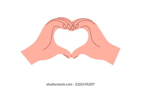 Heart-shaped two hands, fingers forming, making love symbol. Liking gesture, showing support and trust. Romantic relationship expression. Flat vector illustration isolated on white background