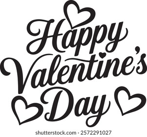 A heart-shaped typography design featuring elegant calligraphy with the text 'Happy Valentine's Day' in black and white, displayed on an isolated white background for a clean and sophisticated look.