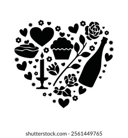  Heart-Shaped Valentine Silhouette with Flowers and Symbols