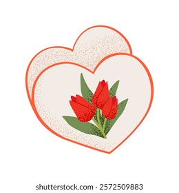 A heart-shaped Valentine's card with a love message. A hand-drawn flat vector illustration of a beige Valentine with a tulip bouquet on it for stickers, cards, web, banners, and social media.