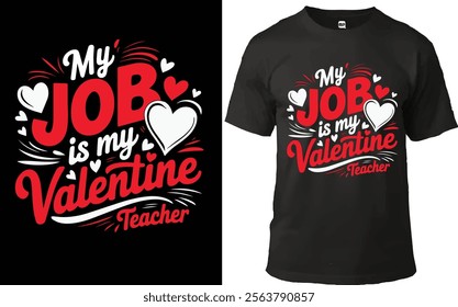 "Heart-shaped Valentine's Day T-shirt design featuring bold 'Happy Valentine's Day' text surrounded by red and white hearts. Perfect for celebrating love and spreading festive cheer."