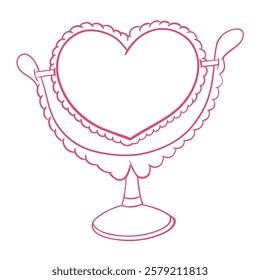 Heart-Shaped Vanity Mirror – Hand-Drawn Elegant Feminine Decor, Romantic Self-Care Detail in Minimalist Linear Vector Illustration
