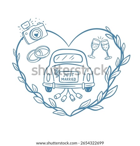 Heart-shaped vector filled with wedding icons: camera, rings, glasses, car. Ideal for wedding branding and social media