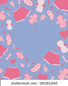 Heart-shaped vector frame with pink reusable sanitary pads, menstrual cups, tampons, hearts and drops on pastel blue background. Cute sanitary pads, menstrual cups and tampons. Menstruation, period.
